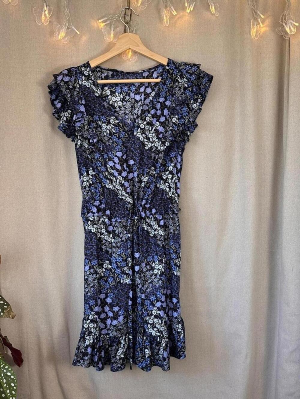Rebecca Taylor Ava Floral Ruffle Dress Blue Silk | Size 4 Summer Festival - Picture 5 of 8